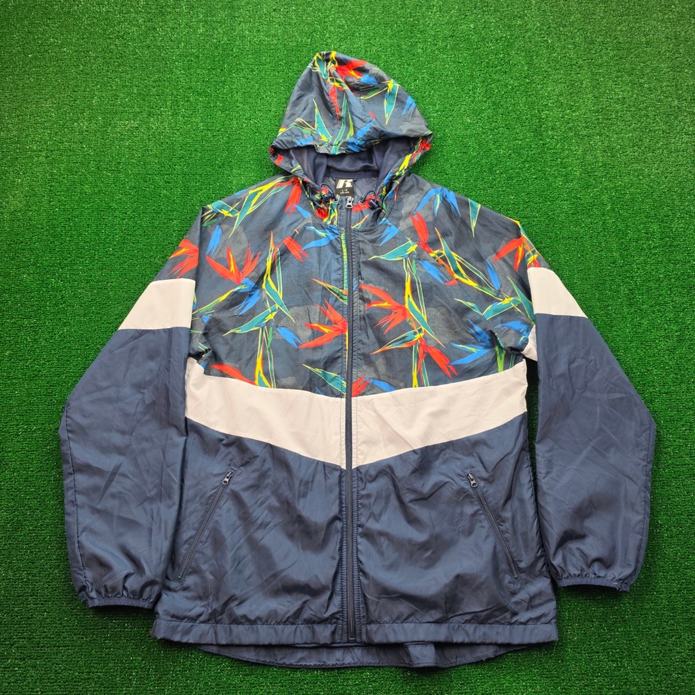 Russell Athletic Windbreaker Jacket Mens Large Tropical Bird of Paradise Floral
